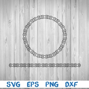 Puede incluir: Diseño de cadena de bicicleta negra en círculo y línea recta, sobre un fondo de vetas de madera gris y blanca. La imagen incluye el texto "SVG EPS PNG DXF" en la parte inferior, indicando formatos de archivo.