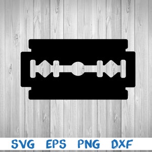 May include: A black silhouette of a razor blade with a rounded hole in the center and two diamond-shaped holes on each side.