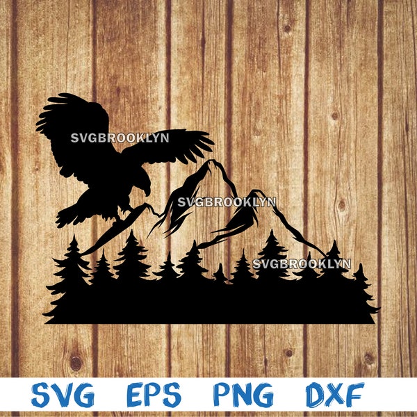 Flying eagle, mountain, forest, eagle, landscape, svg, png, eps, dxf, digital file