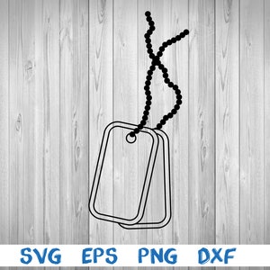 May include: A black and white outline of two military dog tags on a chain.