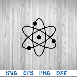 May include: A black and white illustration of an atom with a nucleus and orbiting electrons. The atom is a common symbol for science and chemistry.