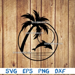 Palme, tropische Insel, Sonnenuntergang, Delfin, Landschaft, Motiv, Bild, svg, png, eps, dxf, digitale Cricut Datei