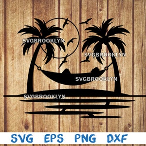 Man on hammock, palm tree, hammock, man, island, beach, silhouette, svg, png, eps, dxf, digital file