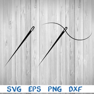 May include: Two black needle and thread illustrations. One needle is straight and the other is curved with a thread.