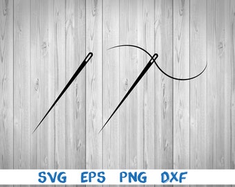 May include: Two black needle and thread illustrations. One needle is straight and the other is curved with a thread.