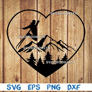 Può includere: Silhouette nera e bianca di uno sciatore a forma di cuore con montagne e alberi sullo sfondo. Il testo "SVGBROOKLYN" appare quattro volte nell'immagine.