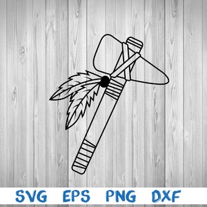 May include: A black and white line drawing of a tomahawk with a feather design. The tomahawk is a traditional weapon used by Native Americans.