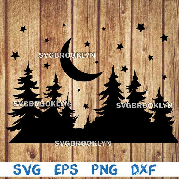 Starry night, forest, crescent moon, stars, silhouette, svg, eps, png, dxf, digital download file