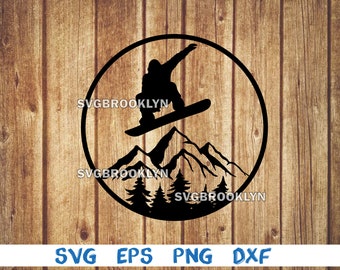 Snowboard, snowboarding, mountain, landscape, forest, silhouette, svg, png, eps, dxf, digital download file