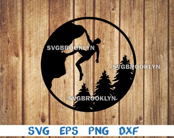 May include: Black and white silhouette of a person rock climbing a cliff with trees in the background. The image is in a circle.