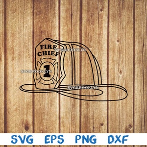 以下が含まれることがあります： 消防士のヘルメットの白黒の線画イラスト。前面に「Fire Chief」の文字が書かれています。