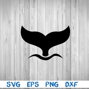 May include: A black silhouette of a whale tail with a wave underneath. The image is on a white wood background.