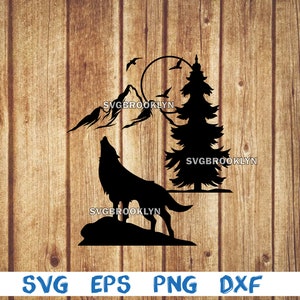 Wolf, howling wolf, mountain, forest, moon, landscape, silhouette, svg, png, eps, dxf, digital file