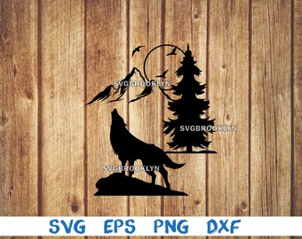 Lobo, lobo aullador, montaña, bosque, luna, paisaje, silueta, svg, png, eps, dxf, archivo digital