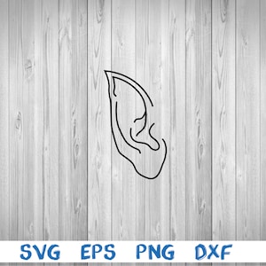 May include: A black and white line drawing of an ear, isolated on a white woodgrain background.