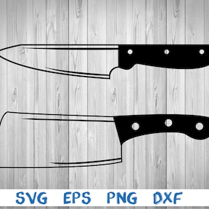 Può includere: Due immagini in silhouette in bianco e nero di coltelli da cucina. Il coltello superiore è un coltello da chef con una lama curva. Il coltello inferiore è un coltello da macellaio con una lama dritta.