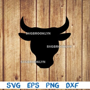 May include: Black silhouette of a bull's head with large horns against a woodgrain background. The text "SVGBROOKLYN" appears three times on the image.