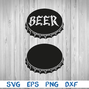 May include: Two black bottle cap silhouettes, one with the word "BEER" in a stylized font, the other blank.