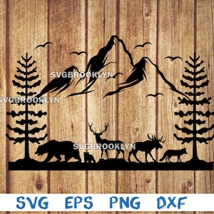 Renard, ours, orignal, cerf, forêt, paysage, animaux en forêt, silhouette, image, svg, png, eps, dxf, fichier de téléchargement numérique