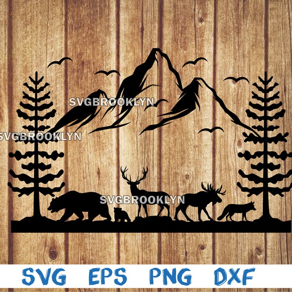 Renard, ours, orignal, cerf, forêt, paysage, animaux en forêt, silhouette, image, svg, png, eps, dxf, fichier de téléchargement numérique