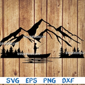 Fishing, fisherman, mountain, tree, forest, landscape, fish, boat, svg, png, eps, dxf, digital cricut file