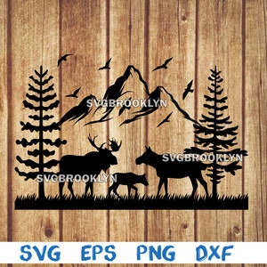 Moose, deer, moose family, baby moose, silhouette, picture, landscape, svg, png, eps, dxf, digital cricut file