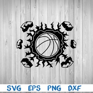 May include: Black basketball graphic with a cracked circle design. The basketball is in the center of the circle. The words "SVG EPS PNG DXF" are at the bottom of the image. The background is a light wood grain.