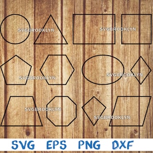 Puede incluir: Un conjunto de 10 archivos de corte SVG con diferentes formas geométricas, incluyendo un círculo, un triángulo, un cuadrado, un pentágono, un hexágono, un óvalo, un diamante y un trapecio. Cada forma incluye el texto "SVGBROOKLYN".