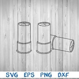 May include: A black and white line drawing of three shotgun shells. Two shells are standing upright and one is lying on its side.