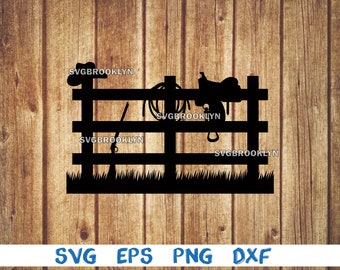 Saddle and hat on fence, saddle, cowboy hat, rifle, lasso, rope, fence, silhouette, svg, png, eps, dxf, digital file