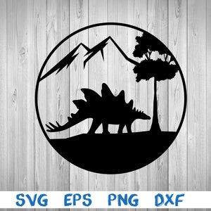 Dinosaur, stegosaurus, mountain, tree, landscape, picture, silhouette, picture, svg, png, eps, dxf, digital cricut file