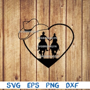 May include: A black silhouette of a couple riding horses inside a heart shape with a cowboy hat on top. The text "SVGBROOKLYN" is repeated throughout the image.