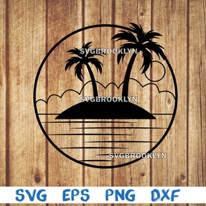 Palm tree, tropical island, sunset, sea, clouds, ocean, landscape, scene, picture, svg, png, eps, dxf, digital cricut file