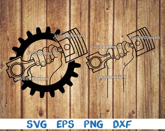 May include: Black and white line art of a hand holding a piston and connecting rod, with a gear in the background. The image has the text "SVGBROOKLYN" repeated throughout. The bottom of the image has the text "SVG EPS PNG DXF".