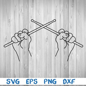 May include: Black and white line art illustration of two hands holding crossed drumsticks. The image is set against a light gray wood grain background. The bottom of the image contains the text "SVG EPS PNG DXF".