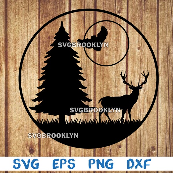 Deer, owl, moon, tree, landscape, picture, svg, png, eps, dxf, digital cricut file