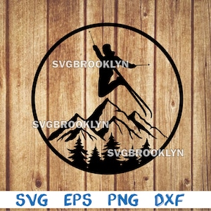 Nieve, esquí, esquí, esquiador, montaña, paisaje, bosque, silueta, svg, png, eps, dxf, archivo de descarga digital