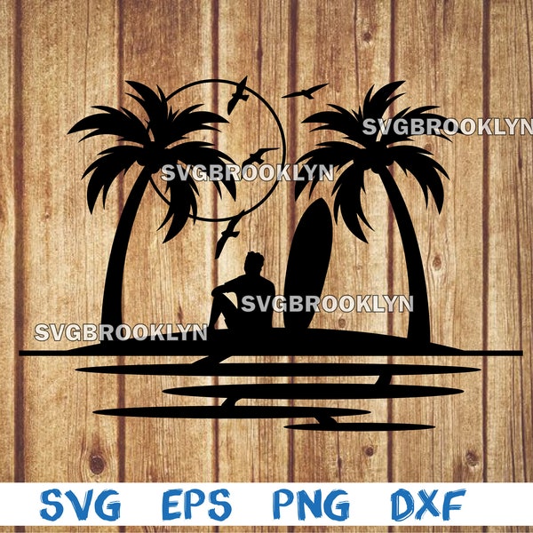 Palm tree, tropical island, sunset, surfer, man, surfboard, landscape, scene, picture, svg, png, eps, dxf, digital cricut file