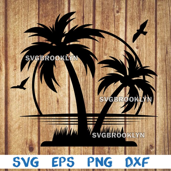 Palm tree, sunset, birds, island, landscape, circle, svg, png, eps, dxf, digital file
