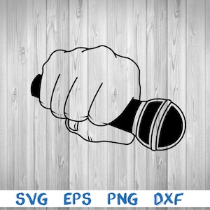 Hand die microfoon, hand met microfoon, microfoon, rappermicrofoon, silhouet, beeld, svg, png, eps, dxf, digitaal downloaddossier houdt