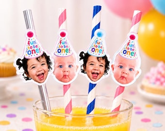 Custom First Birthday Photo Party Straws, Fun to Be One Decorations