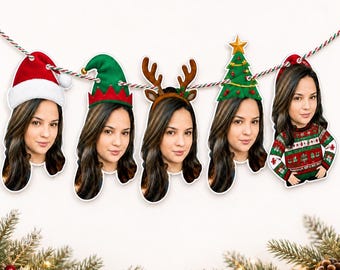 Custom Christmas Face Banner, Personalized Photo Garland, Santa Hat Holiday Party Decor, Funny Christmas Banner