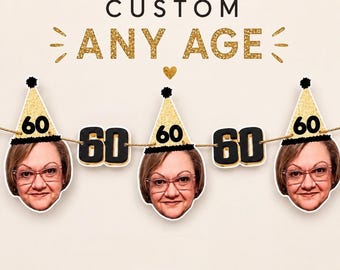 May include: A party banner featuring the text CUSTOM ANY AGE in black and gold glitter. The banner includes cutouts of a person wearing a gold glitter party hat with the number 60, alternating with black 60 number cutouts on a string.