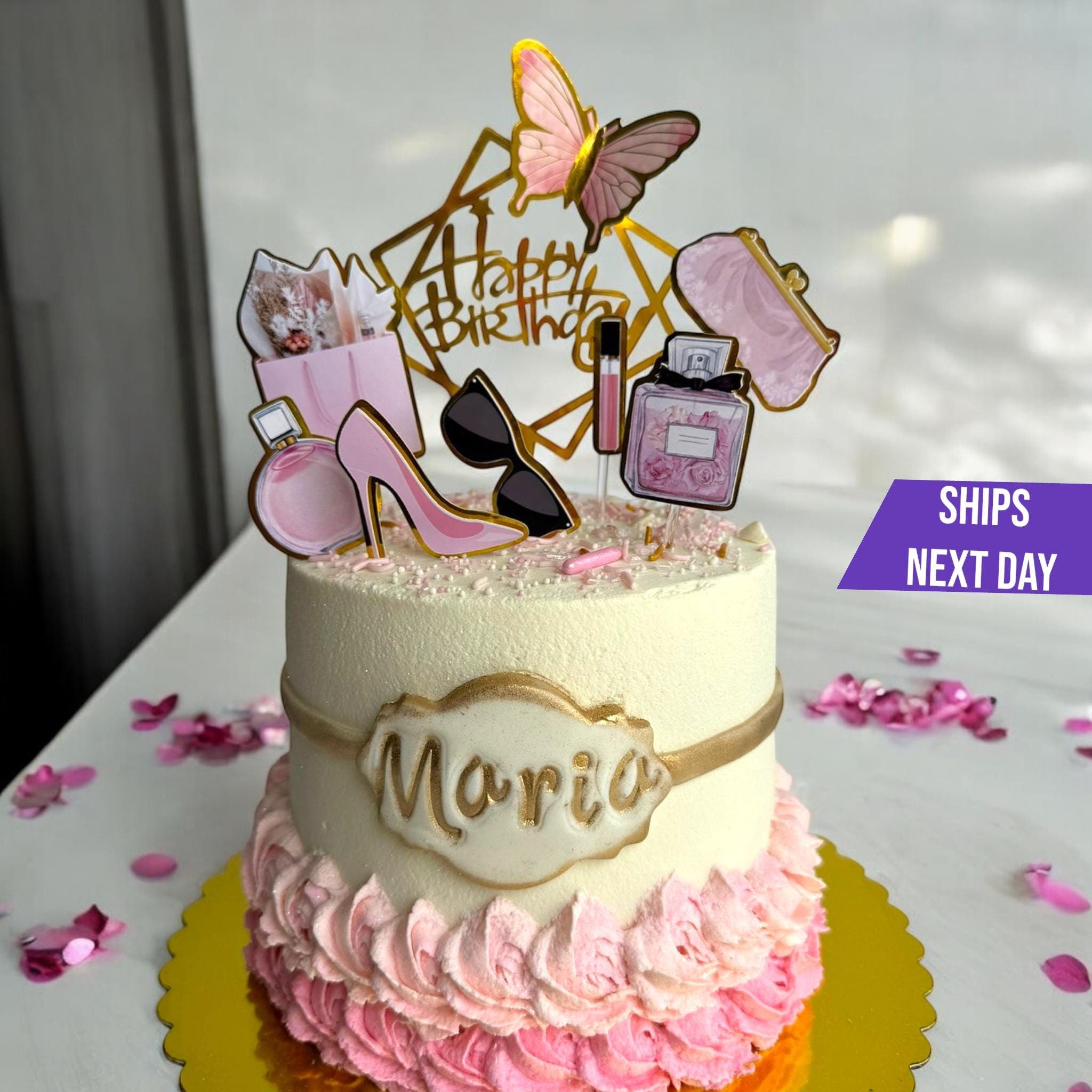 Chic Glam Cake Topper for Stylish Birthday Celebrations | Makeup, Heels, Sunglasses Decorations