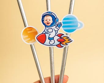 Custom Photo Astronaut Straws, Space Birthday Party Decor, Personalized Favors
