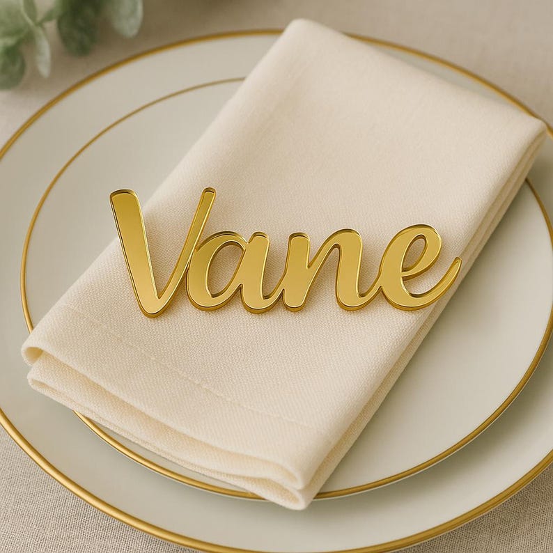 May include: A gold-colored nameplate that reads "Vane" in a cursive font, resting on a folded cream-colored napkin. The napkin is placed on a white plate with a gold rim, suggesting a place setting.