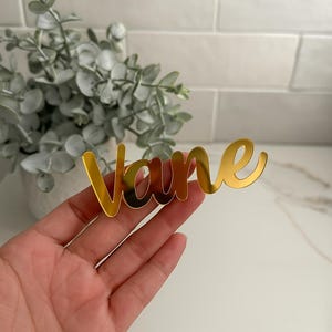 May include: A gold-colored acrylic name cutout that reads "Vane" in a cursive font. The name is held in a hand, with a blurred background of greenery and a white brick wall. The name is likely for a wedding or event.