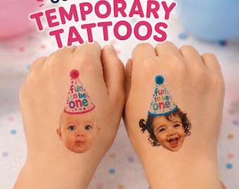 Custom Baby Face Temporary Tattoos, 1st Birthday Party Favor Fun to Be One Birthday