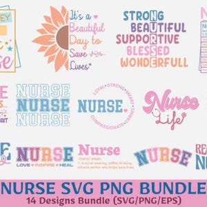 May include: A bundle of 14 nurse-themed designs in various styles and colours. The designs include phrases like "Nurse Life," "Registered Nurse," and "Oh Honey I am that Nurse." The designs are available in SVG, PNG, and EPS formats.