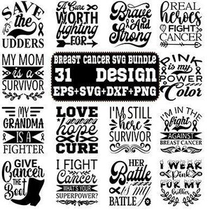 May include: A set of 31 black and white breast cancer awareness designs in EPS, SVG, DXF, and PNG formats. The designs feature slogans such as "Refuse to Sink," "Brave and Strong," and "I Wear Pink."